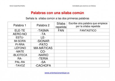 ACTIVIDADES DISLEXIA  papabras con una silaba común imagen 1