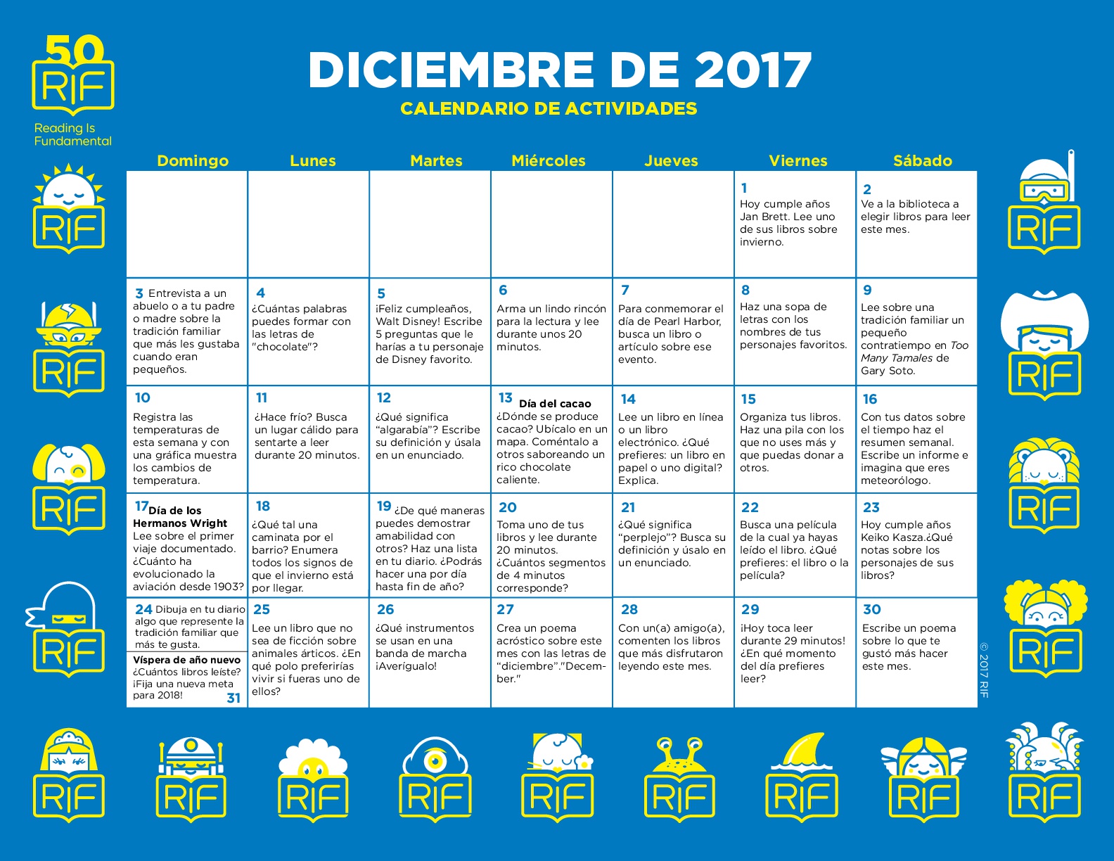 Calendario de actividades para trabajar la lectura a partir de 6 años