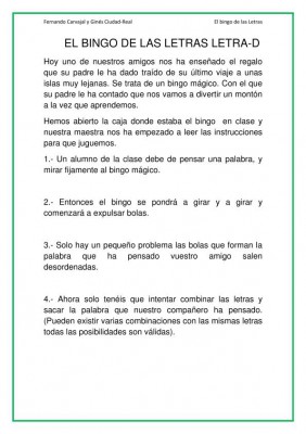 LECTOESCRITURA BINGO LETRAS LETRA D