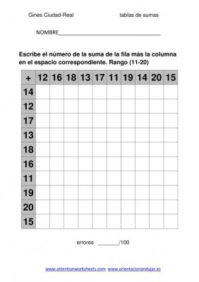 coleccion de ejercicios de  tablas de sumas rango 11-20 imagen-1