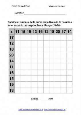 coleccion de ejercicios de  tablas de sumas rango 11-20 imagen-2