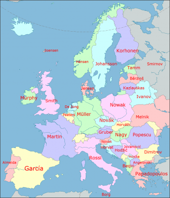 Mapa de los apellidos más frecuentes en Europa
