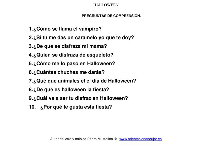 Saga Renacimiento Viaje cancion de halloween para niños preguntas comprensión - Orientación Andújar  - Recursos Educativos