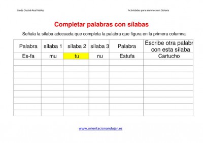 Ejercicios dislexia Completar palabras con sílabas plantilla imagen