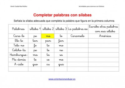Ejercicios para niños con dislexia Completar palabras con sílabas imagen 2