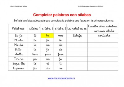 Ejercicios para niños con dislexia Completar palabras con sílabas imagen1