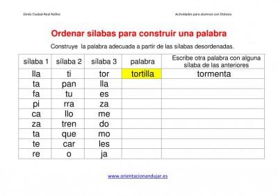 Ejercicios dislexia ordenar sílabas para construir una palabra imagen 1