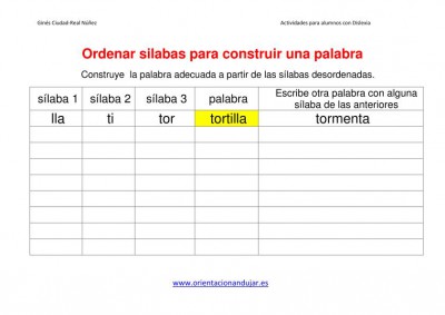 Ejercicios dislexia ordenar sílabas para construir una palabra imagen plantilla 1