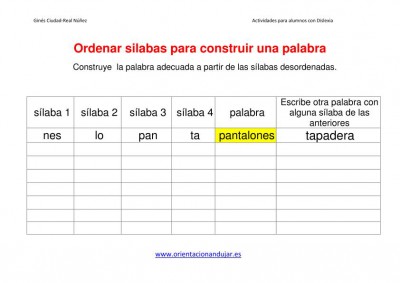 Ejercicios dislexia ordenar sílabas para construir una palabra imagen plantilla 2