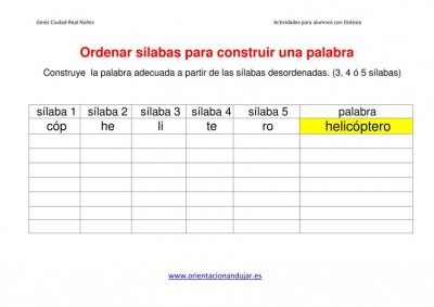 Ejercicios dislexia ordenar sílabas para construir una palabra imagen plantilla 3