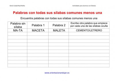 Ejercicios dislexia Palabras con todas sus sílabas comunes menos una _02