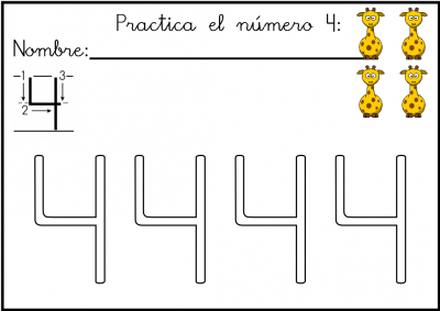 lectoescritura de numeros el 4 ficha 7