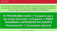 Proyecto PAC: Programa didáctico inclusivo para atender en el aula al alumnado con necesidades educativas diversas. Una investigación evaluativa. Ministerio de Ciencia e Innocavión (Referencia: SEJ2006-01495/EDUC) El PROGRAMA CA/AC (“Cooperar […]