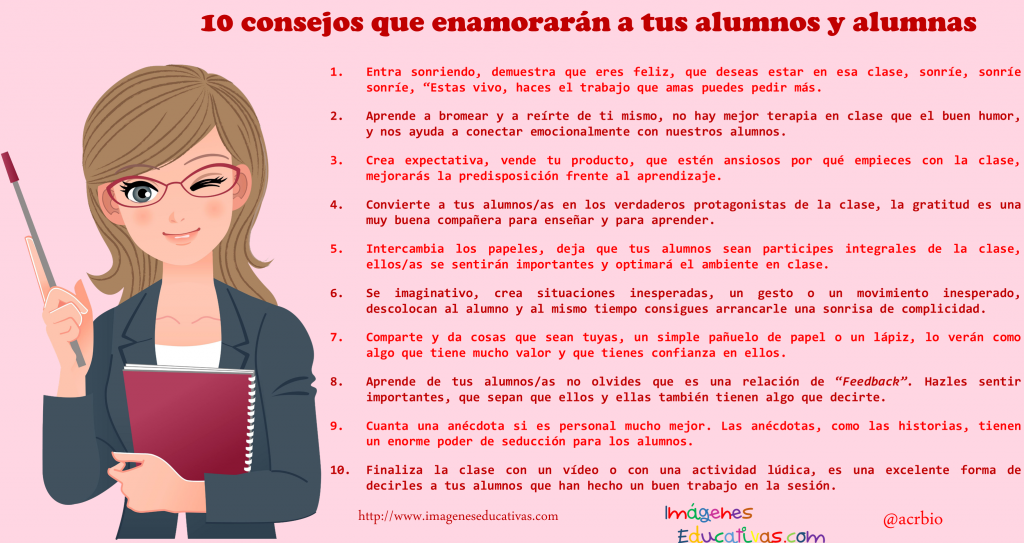 De nuestro blog hermano IMAGENES EDUCATIVAS adaptando esta fantástica infografía. Este texto está inspirado en su artículo 10 trucos para enamorar a tus alumnos, de nuestro amigo Santiago Moll, aunque hemos modificado algunos consejos en función […]