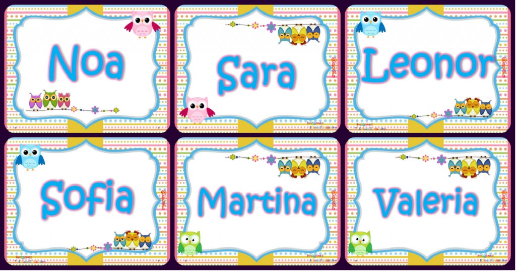 Tarjetas imprimibles Nombres de  Niñas Motivo Búhos + Plantilla . . .  