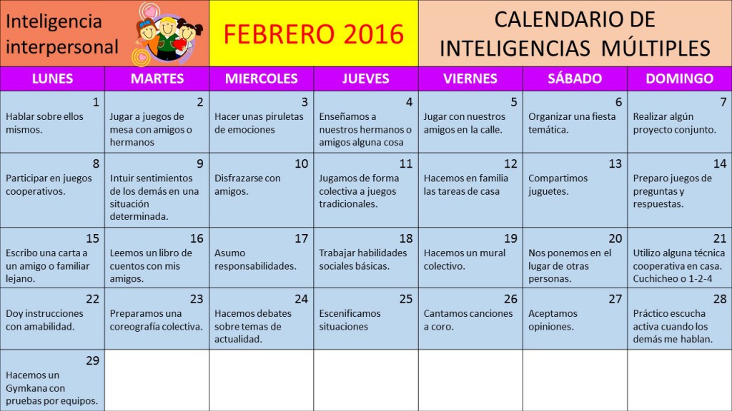 Os dejamos un calendario  para trabajar las inteligencias múltiples tanto en nuestros colegios como en casa con nuestros hijos e hijas, empezamos el mes de febrero trabajando la inteligencia interpersonal, os […]