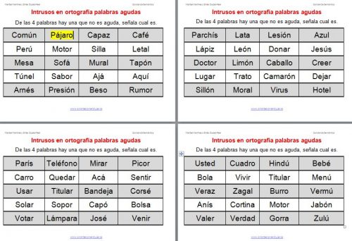 Intrusos en ortografía palabras agudas destacada