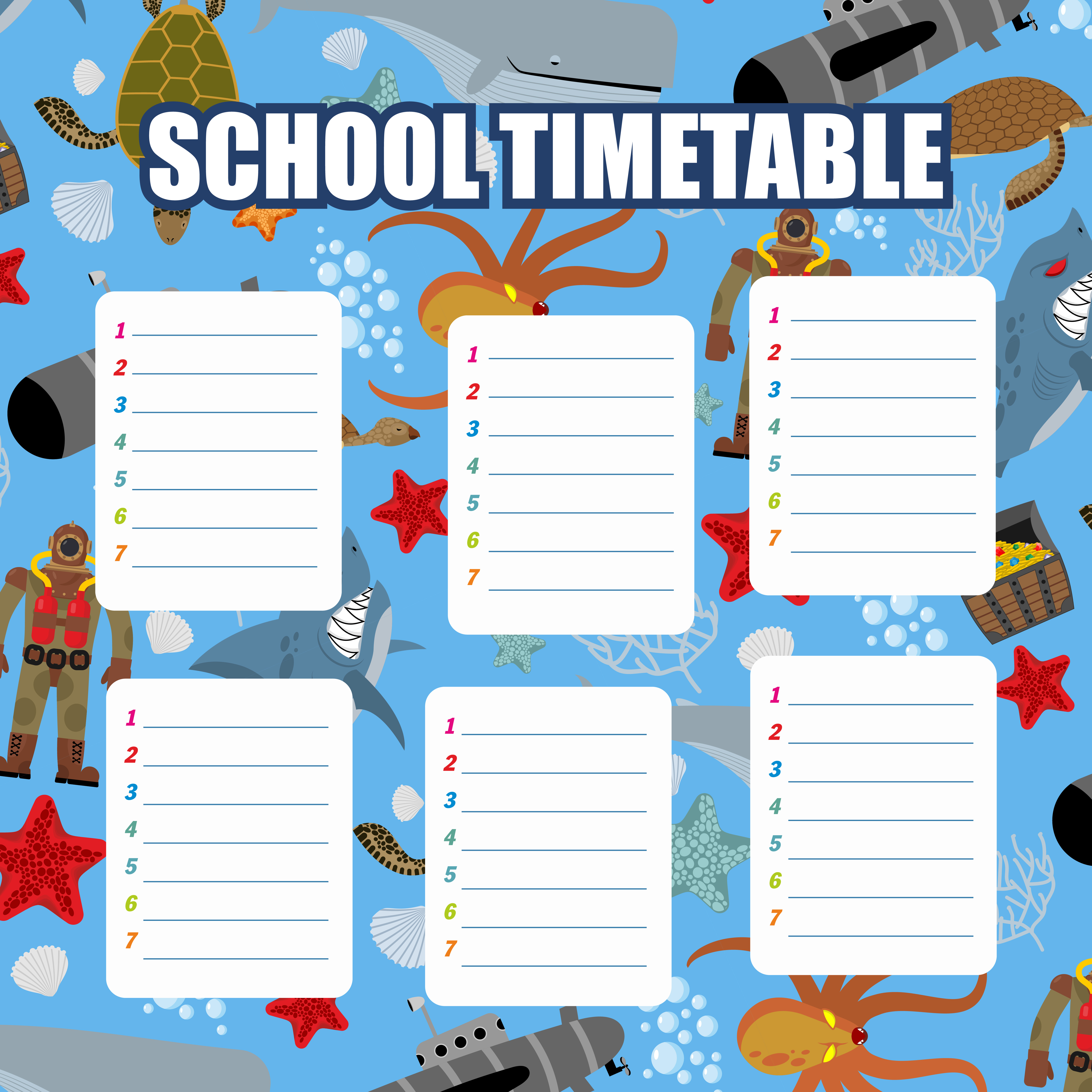 School timetable. Schedule. Back to school. Underwater World: Shark and Whale. Diver and turtle. Submarine and corals