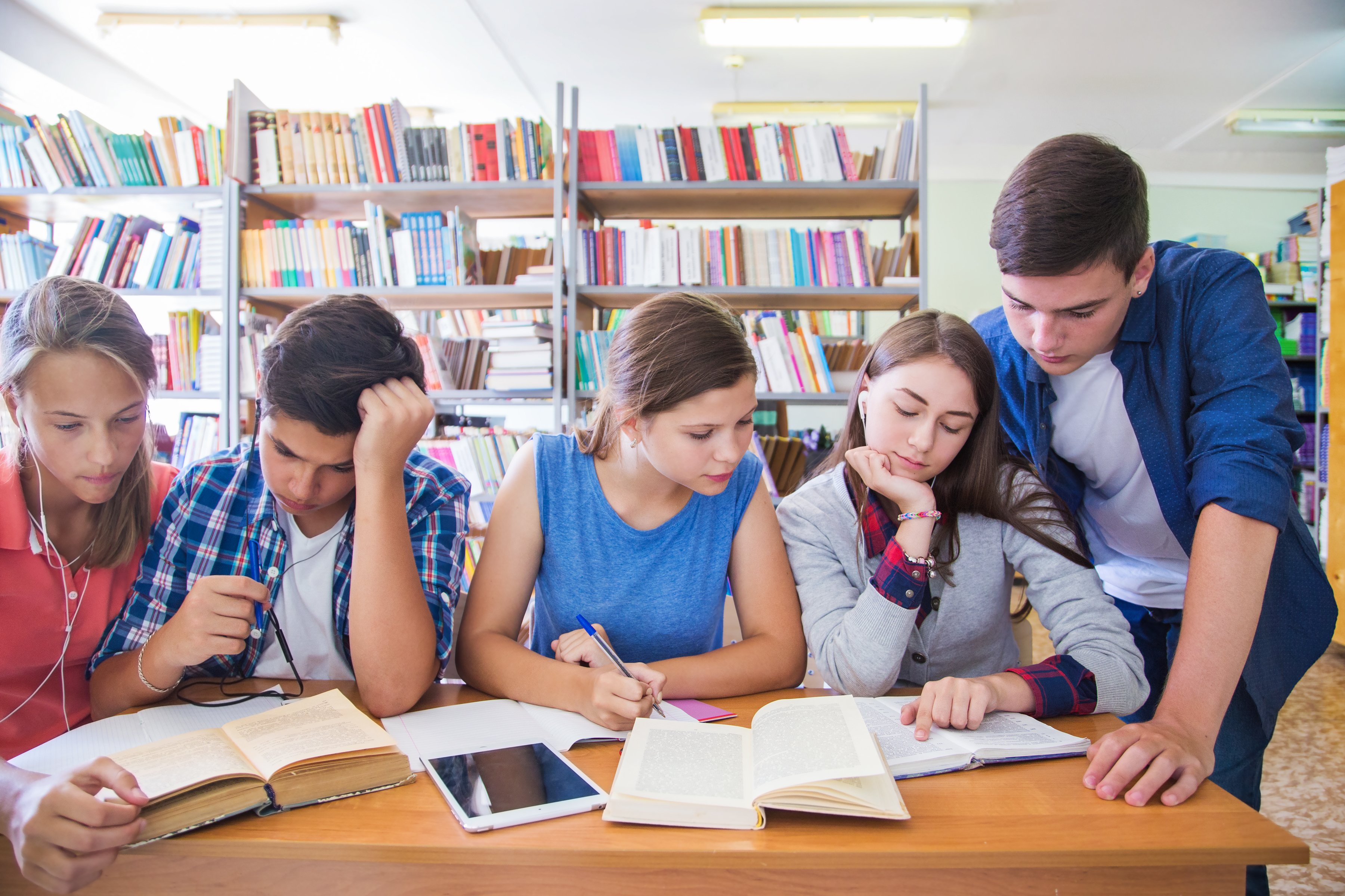 54918798 - group of students has been at the table in the library