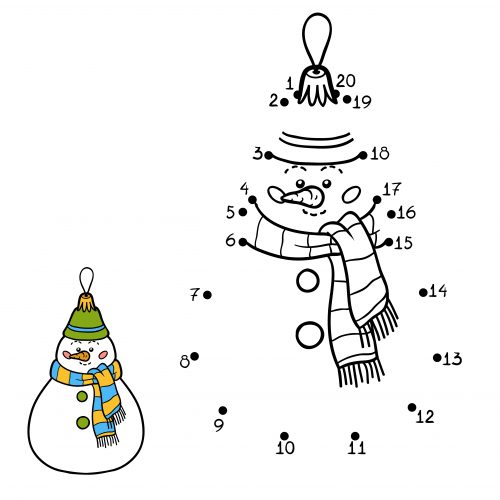 Numbers game, education dot to dot game for children. Christmas toys, snowman