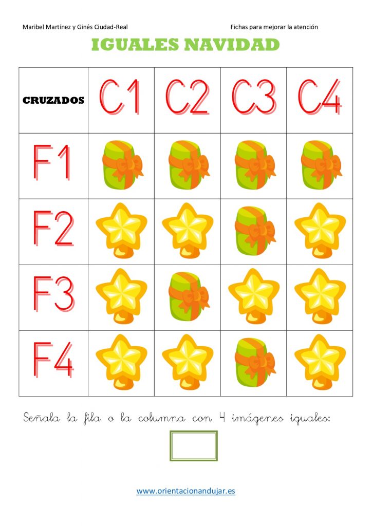 #TDAH TRABAJAMOS LA atención bingo cruzado 4×4 especial navidad Nueva actividad para trabajar la atención con motivos navideños. DESCARGATE LAS FICHAS EN PDF señalar los iguales en un cruzado 4X4 ESPECIAL NAVIDAD