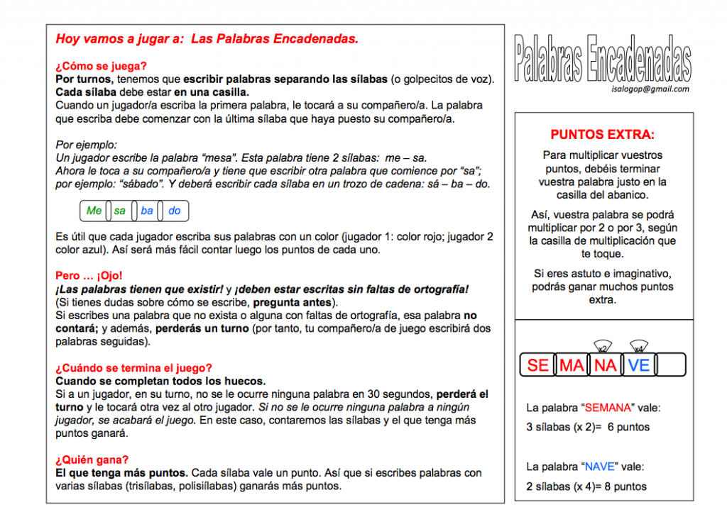 Hoy vamos a jugar a: Las Palabras Encadenadas. ¿Cómo se juega? Por turnos, tenemos que escribir palabras separando las sílabas (o golpecitos de voz). Cada sílaba debe estar en una […]