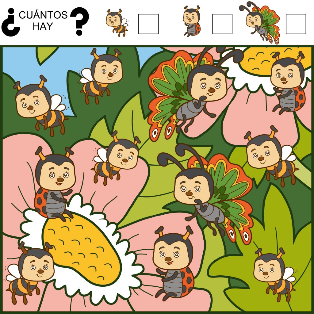 Ficha educativa para infantil: aprender a contar. ¿Cuantos hay? Escribe el número al lado de cada grupo de animales. La ficha es coloreable. Para niños de 3 y 4 años. […]