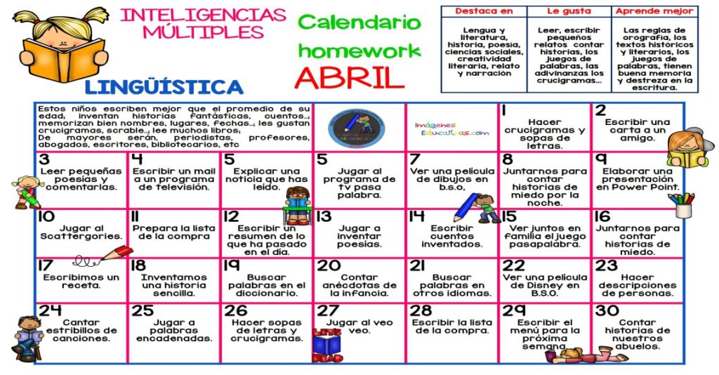 ABRIL 2017 Calendario homework: INTELIGENCIAS MÚLTIPLES: LINGÜISTICA. Gran formato Hoy os traemos esta maravillosa idea inspirada en los SUMMER HOMEWORK CALENDARS, muy típicos en la educación en casa y en […]