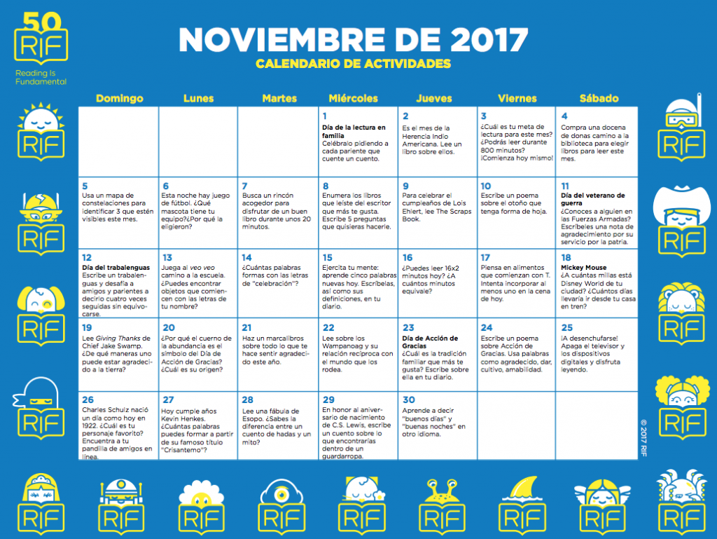 1 Día de la lectura en familia Celébralo pidiendo a cada pariente que cuente un cuento. 2 Es el mes de la Herencia Indio Americana. Lee un libro sobre ellos. […]