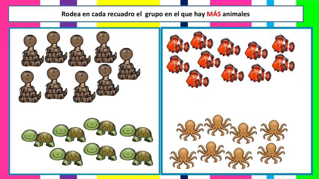Sencillas fichas para trabajar los conceptos de cantidad  mayor o menor, mediante imagenes. DESCARGA LAS FICHAS EN PDF Trabajamos el conteo ¿Más o menos?
