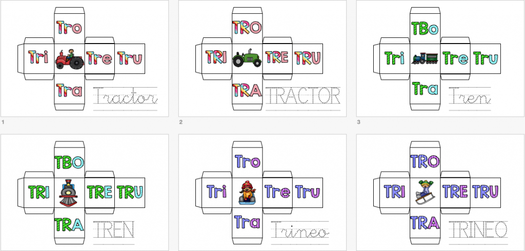 Os dejamos estos sencillos dados para trabajar las palabras que contienen sílabas trabadas, en este caso empezamos preparando los que tienen las sílabas TRA-TRE-TRI-TRO-TRU. Se denomina como palabras trabadas o […]