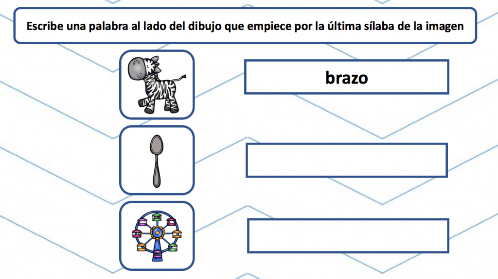 En esta actividad nuestros alumnos deben de encontrar palabras que empiecen por la sílaba final de la figura de la imagen. de esta forma trabajamos la conciencia fonológica y semántica […]