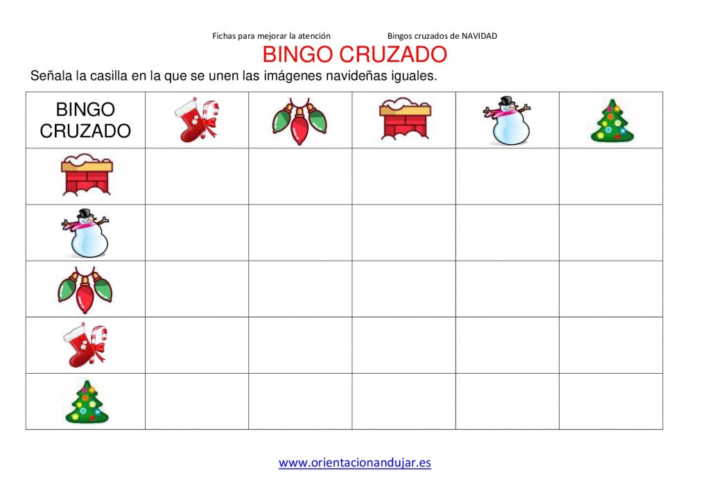 Bingo cruzado de 5×5 especial Navidad.   DESCARGA EL BINGO EN PDF Trabajamos la atencion en navidad con estos bingos cruzados