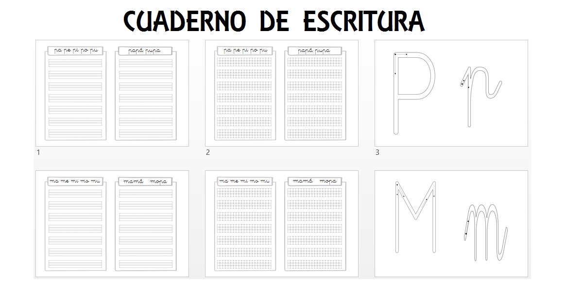 Cuaderno de escritura letras p m l s t cuadrícula y pauta