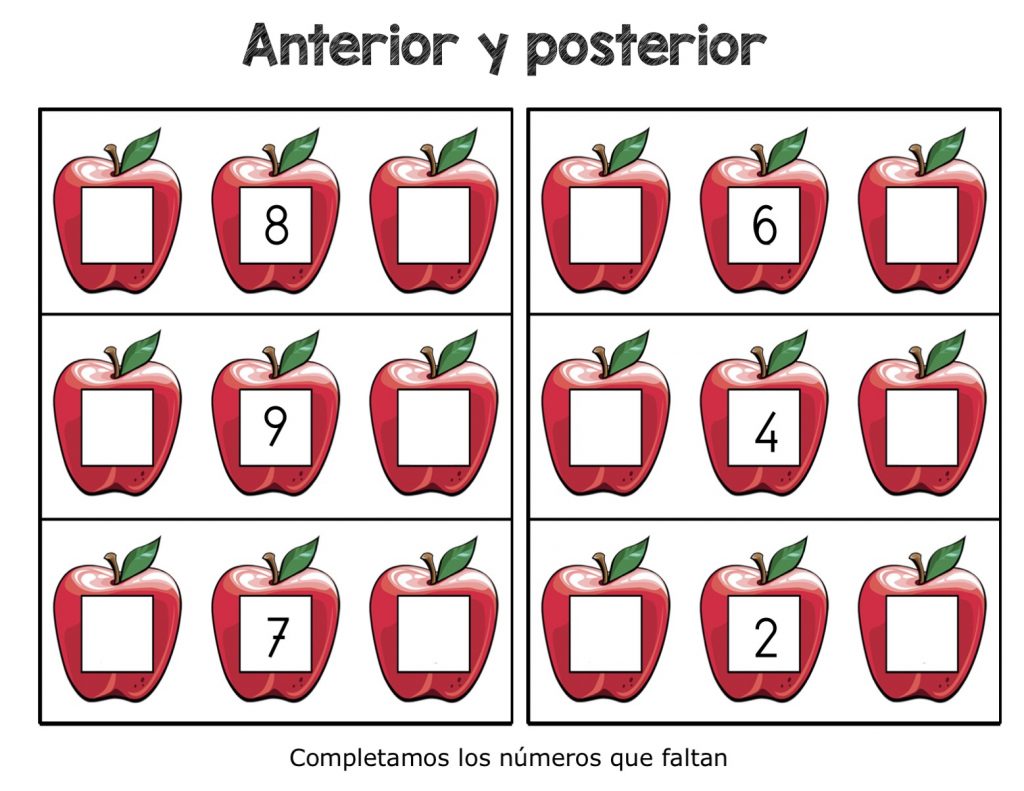 Sencillas actividades para trabajar los conceptos matemáticos anterior y posterior.   ANTERIOR Y POSTERIOR COMPLETA LOS NÚMEROS QUE FALTAN