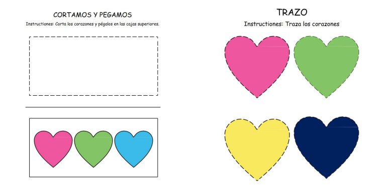 Cuaderno de actividades RECORTAMOS PEGAMOS Y TRAZAMOS MOTRICIDAD FINA Sencillas actividades para trabajar la motricidad fina mediante unas sencillas actividades de recortar, pegar y trazar con el motivo corazones.
