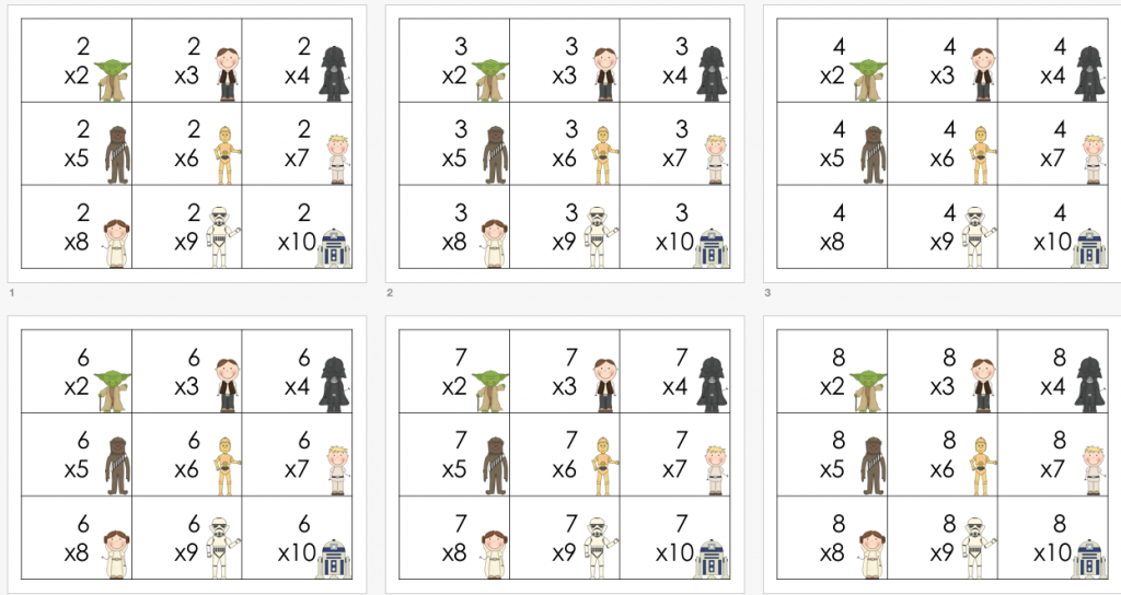 Os dejamos estas tarjetas con las que podéis hacer un llaverito para trabajar las tablas de multiplicar con personajes de stars wars.