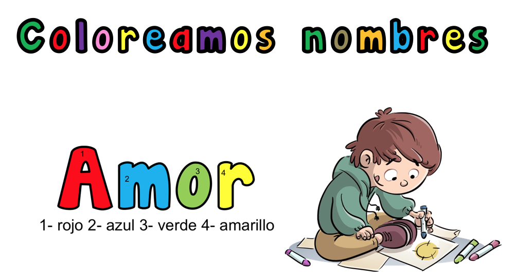 decora tu clase Carteles Coloreamos nombre siguiendo instrucciones, dejamos plantilla editable Os dejamos estos carteles con diferentes nombres propios e instrucciones para colorearlos, una vez coloreados nuestros alumnos puedes recortarlos y colocarlos en las paredes de la clase.