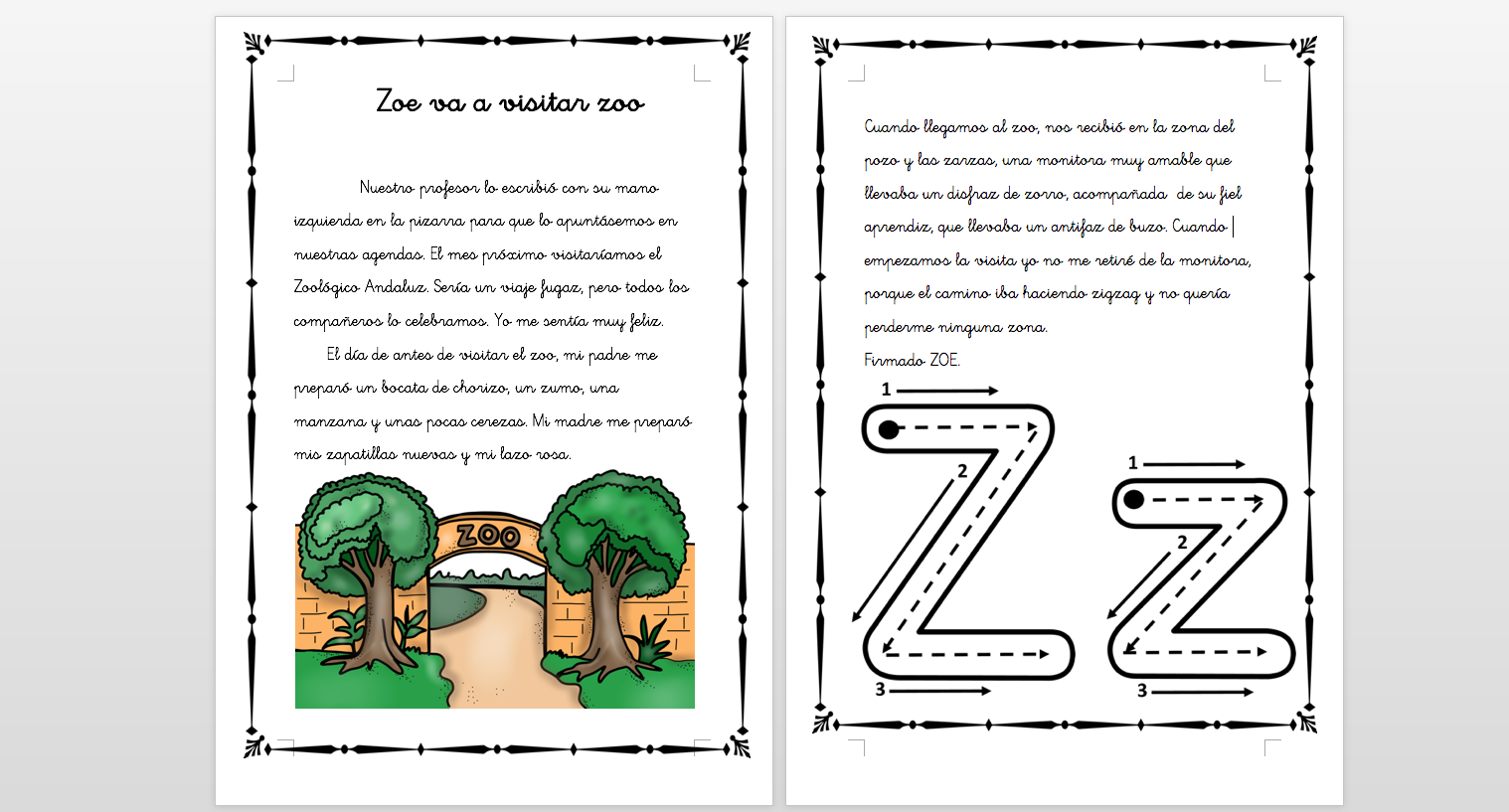 Cuentos con fonemas la letra "Z" Zoe va a visitar el ZOO. 