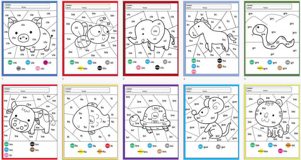 Hoy os hemos preparado estas divertidas láminas en las que vamos a colorar una serie de animales siguiendo un código de colores en el que la clave son sílabas trabadas.