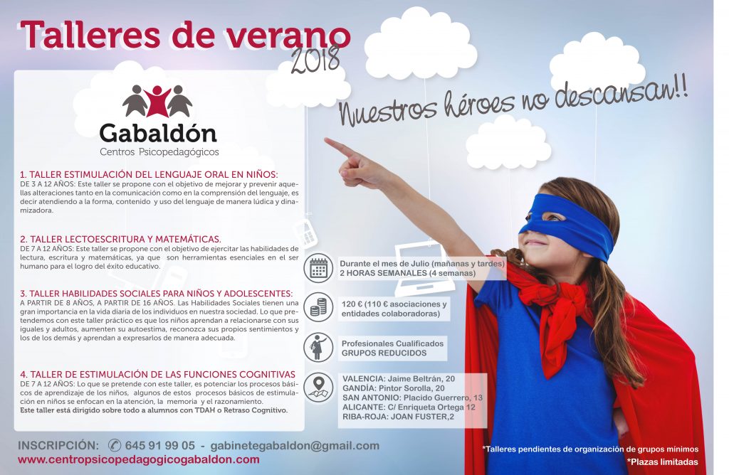 Os dejamos la programación del verano de nuestros amigos de CENTROS PSICOPEDAGÓGICOS GABALDÓN 1. TALLER ESTIMULACIÓN DEL LENGUAJE ORAL EN NIÑOS: DE 3 A 12 AÑOS: Este taller se propone con el [&hellip;]