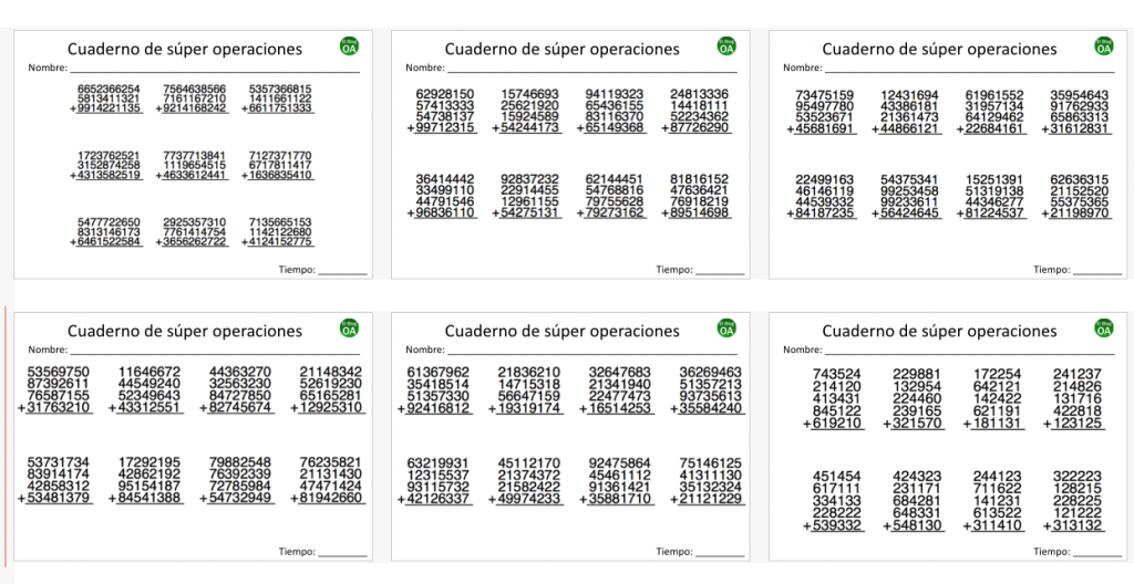 Cuaderno de súper operaciones para repasar en vacaciones Tal como se indica es un cuaderno con grandes sumas para trabajar esta operación aritmética, Os hemos preparado este super cuaderno de super sumas para repasar esta operación.