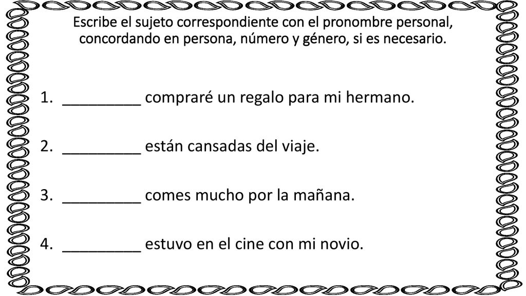 En la siguiente actividad de conciencia sintáctica el alumnos debe escribir el sujeto correspondiente con el pronombre personal, concordando en persona, número y género, si es necesario; con el verbo […]