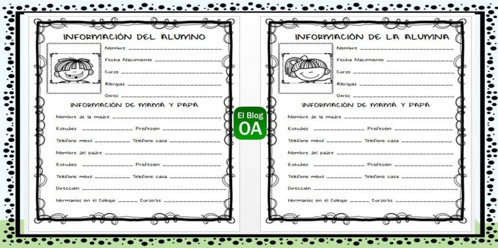 Fichas para recopilar información de los alumnos de Infantil Os dejamos estas divertidas y decoradas fichas de recogida de información especialmente pensadas para infantil y primeros cursos de primaria. En formato power point editable a tu gusto