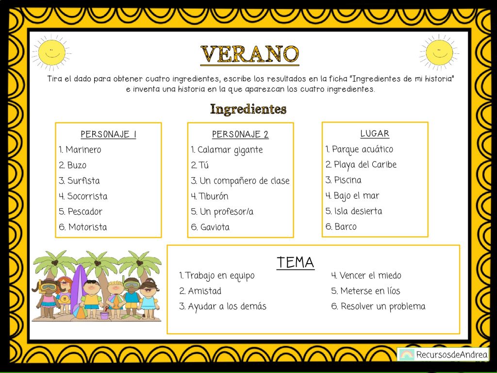 Escritura Creativa jugando Inventa historias con dados Tarjetas Hoy compartimos este fantástico material que ha compartido con nosotros la maestra Andrea, te recomendamos seguirla en instagram. https://www.instagram.com/recursosdeandrea/   DESCARGA LOS MATERIALES EN PDF Inventa historias con dados Tarjetas