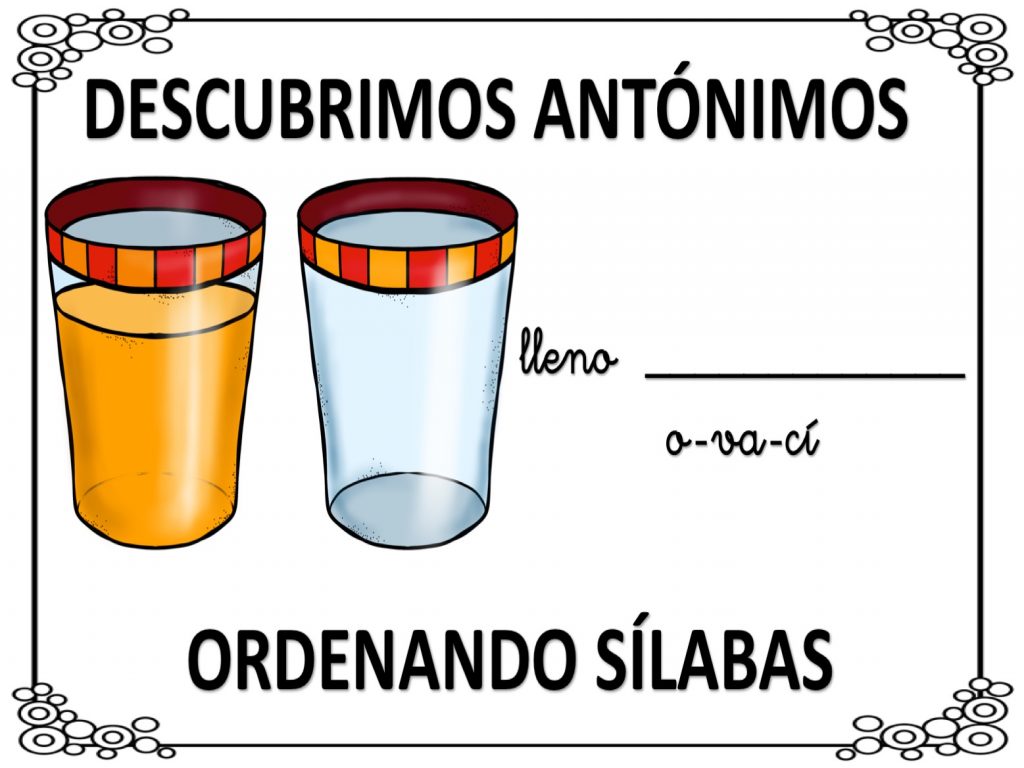 Se trata de descubrir la palabra antónima, Para facilitar la búsqueda se proporciona una ayuda fonética que consiste en ordenar las sílabas propuestas.