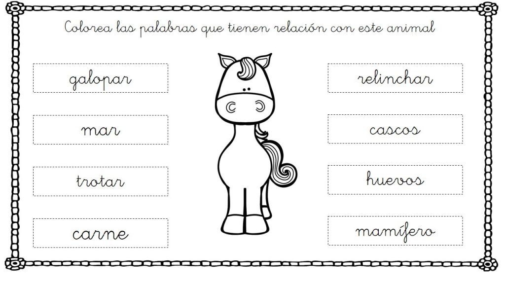 Actividades de animales para trabajar las relaciones léxicas En estas sencillas actividades presentamos en una imagen una serie de animales y nuestros alumnos deben de señalar que palabras tienen relación con cada uno de los animales.