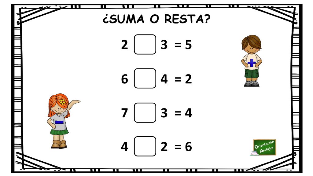 ¿SUMA o RESTA?, averigua de que operación se trata y escribe el signo correspondiente ¿ Suma o resta? , esta actividad matemática consiste en averiguar de que operación se trata y escribir el símbolo matemático que corresponda.