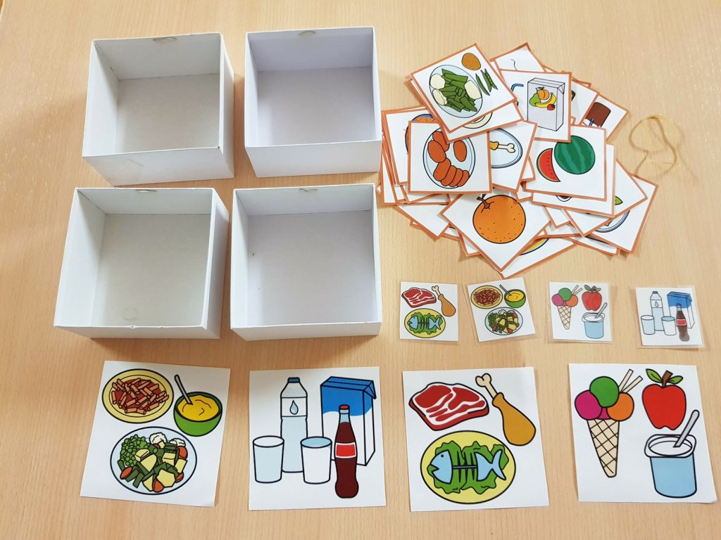 Materiales TEACCH – Clasificación de alimentos – Menú. ARASAAC Material manipulativo tipo TEACCH para trabajar de forma lúdica la clasificación de los alimentos, distribuyéndolos en diferentes cajas de cartón, atendiendo al menú: primer plato, segundo plato, postres y bebidas.