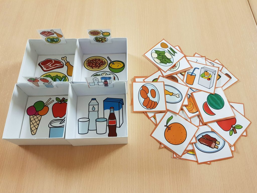Materiales TEACCH – Clasificación de alimentos  de arasaac Material manipulativo tipo TEACCH para trabajar de forma lúdica la clasificación de los alimentos, distribuyéndolos en diferentes cajas de cartón, atendiendo al menú: primer plato, segundo plato, postres y bebidas.
